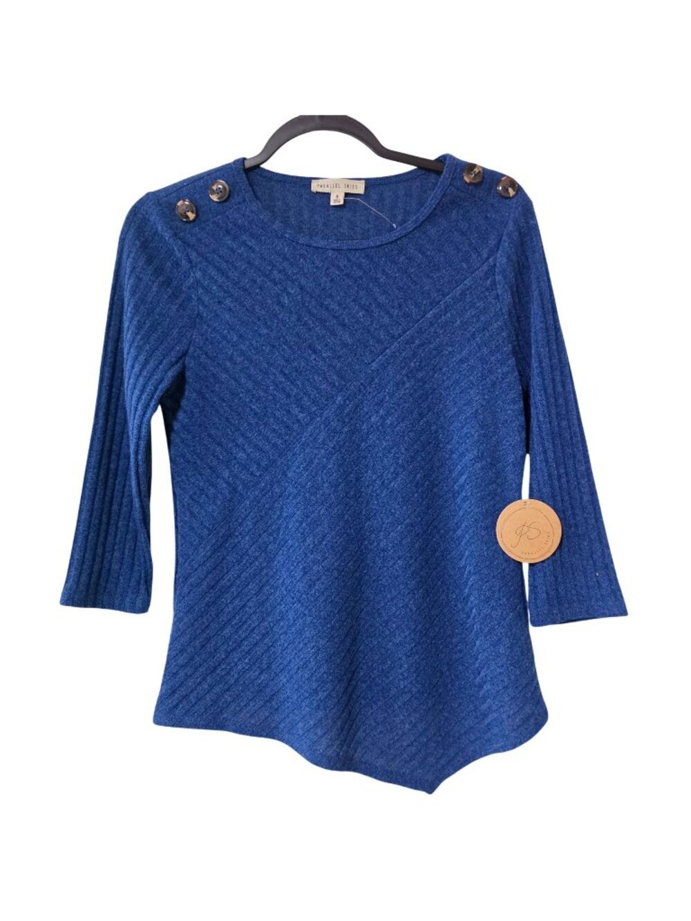 Parallel Skies Blue Ribbed Asymmetrical Hem 3/4 Sleeve Top Women S NWT